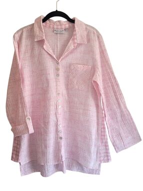 Habitat Pink White Cotton Plaid Button-up Roll Tab Sleeves Blouse Top Wmn M